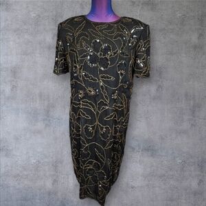 Vintage Papell Boutique Black Silk Beaded Floral Sequin Sheath Dress Size 16 B97